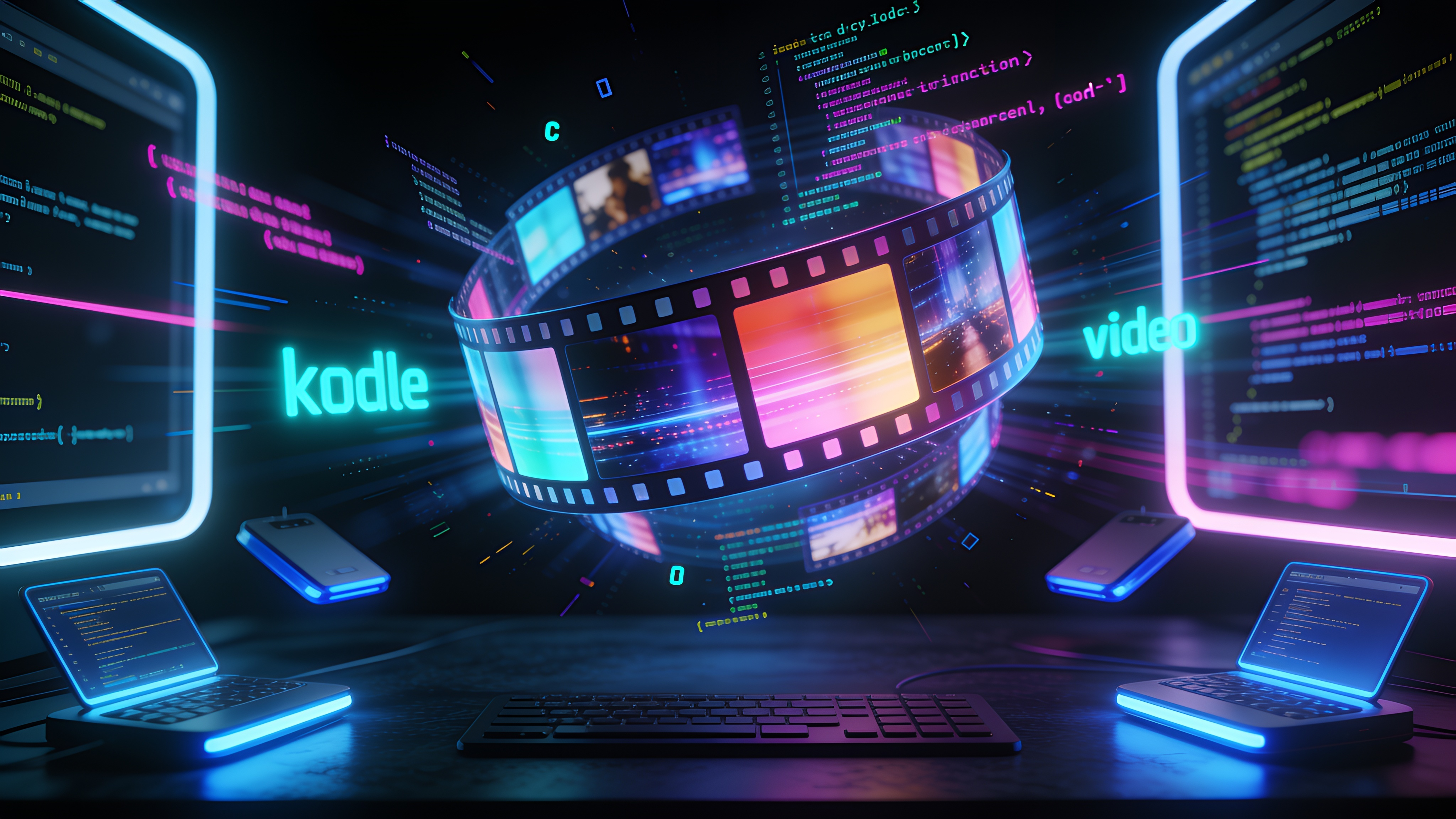 A developer workspace where HTML code transforms into floating video frames — the code-to-video concept