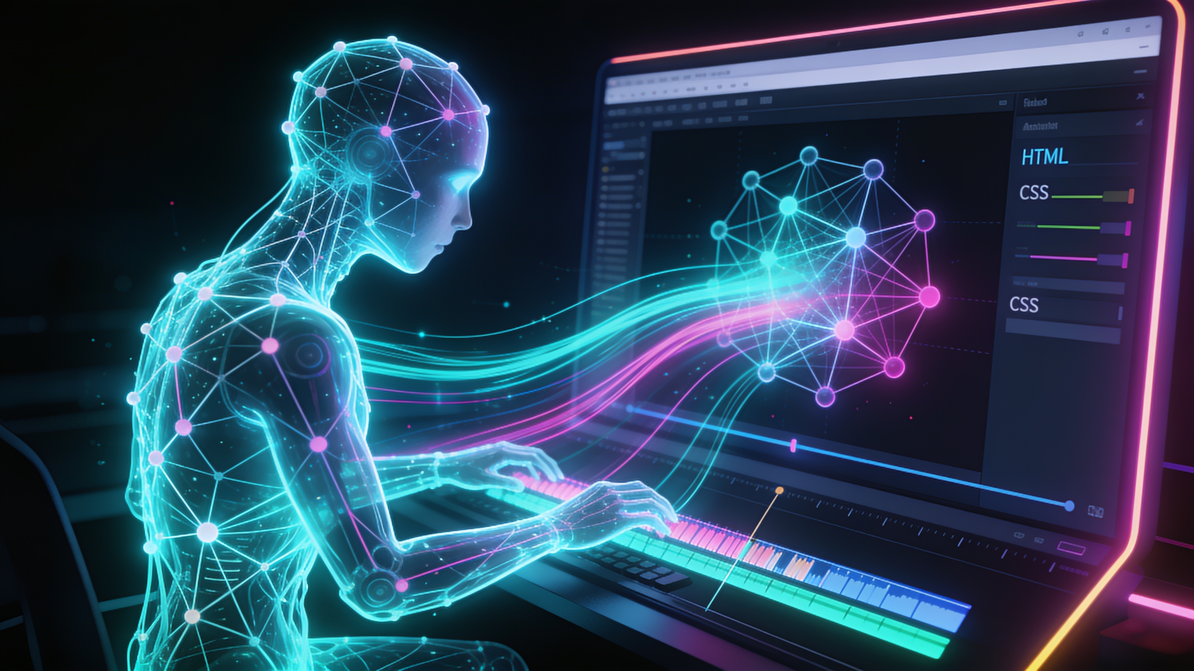 An AI agent composing a video timeline in HTML, with CSS animation keyframes visualized as light trails
